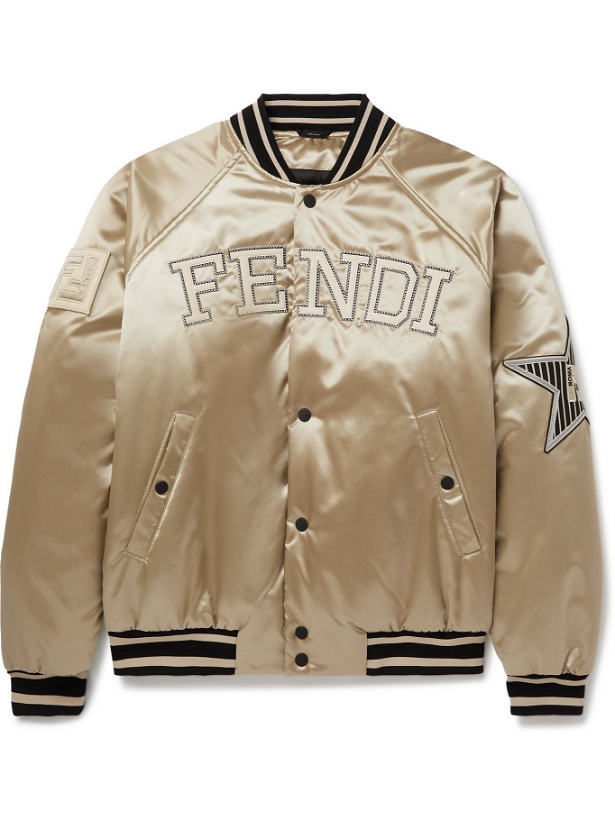 Photo: FENDI - Logo-Appliquéd Padded Metallic Satin Bomber Jacket - Gold