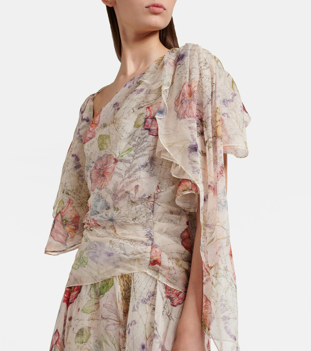 McQueen Floral asymmetric silk chiffon gown