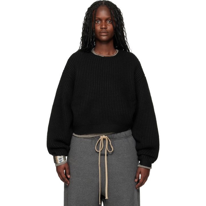 Photo: Fear of God ESSENTIALS Black Holiday Heavy Waffle 90s Crewneck Sweater