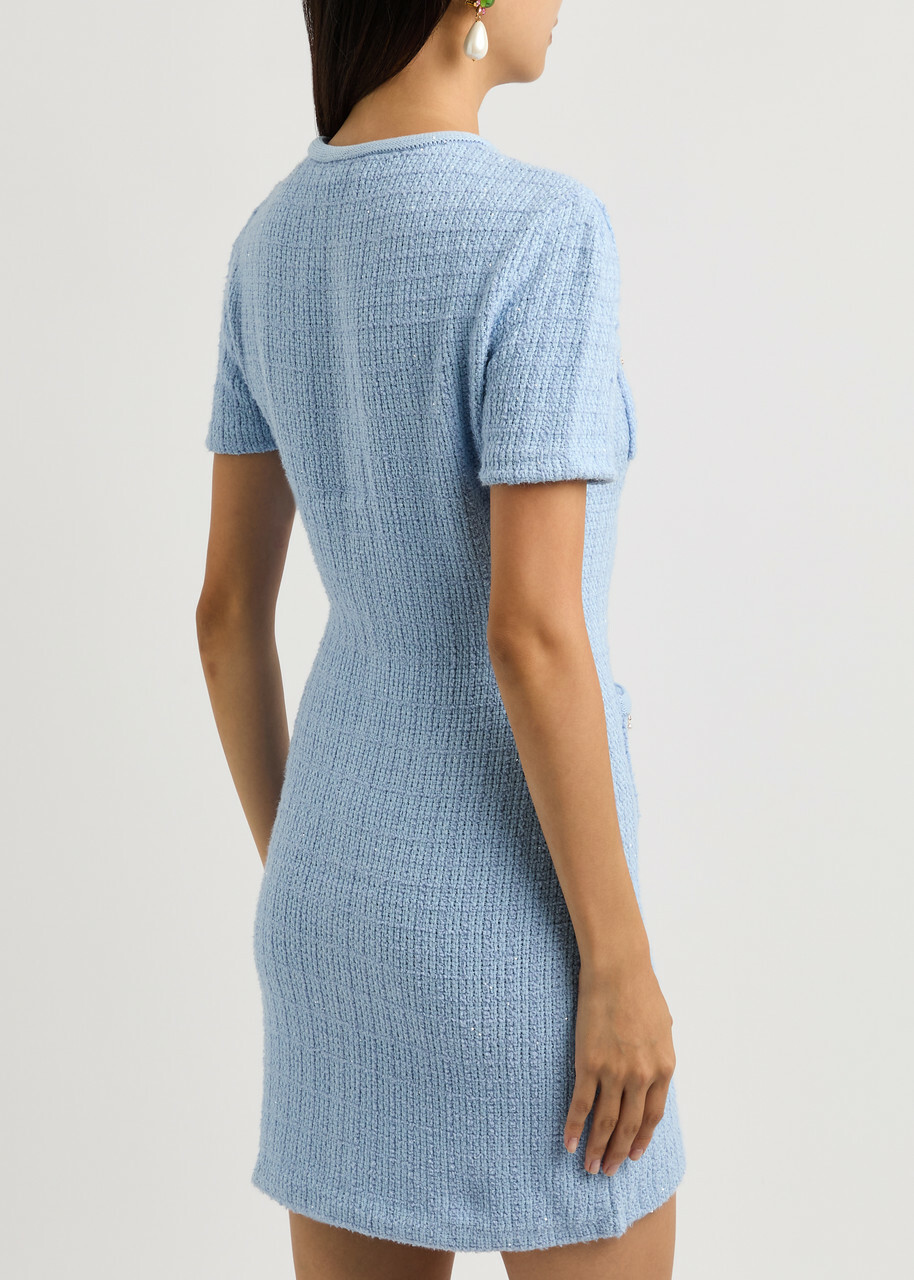 Self-portrait Embellished Bouclé-knit Mini Dress Light Blue