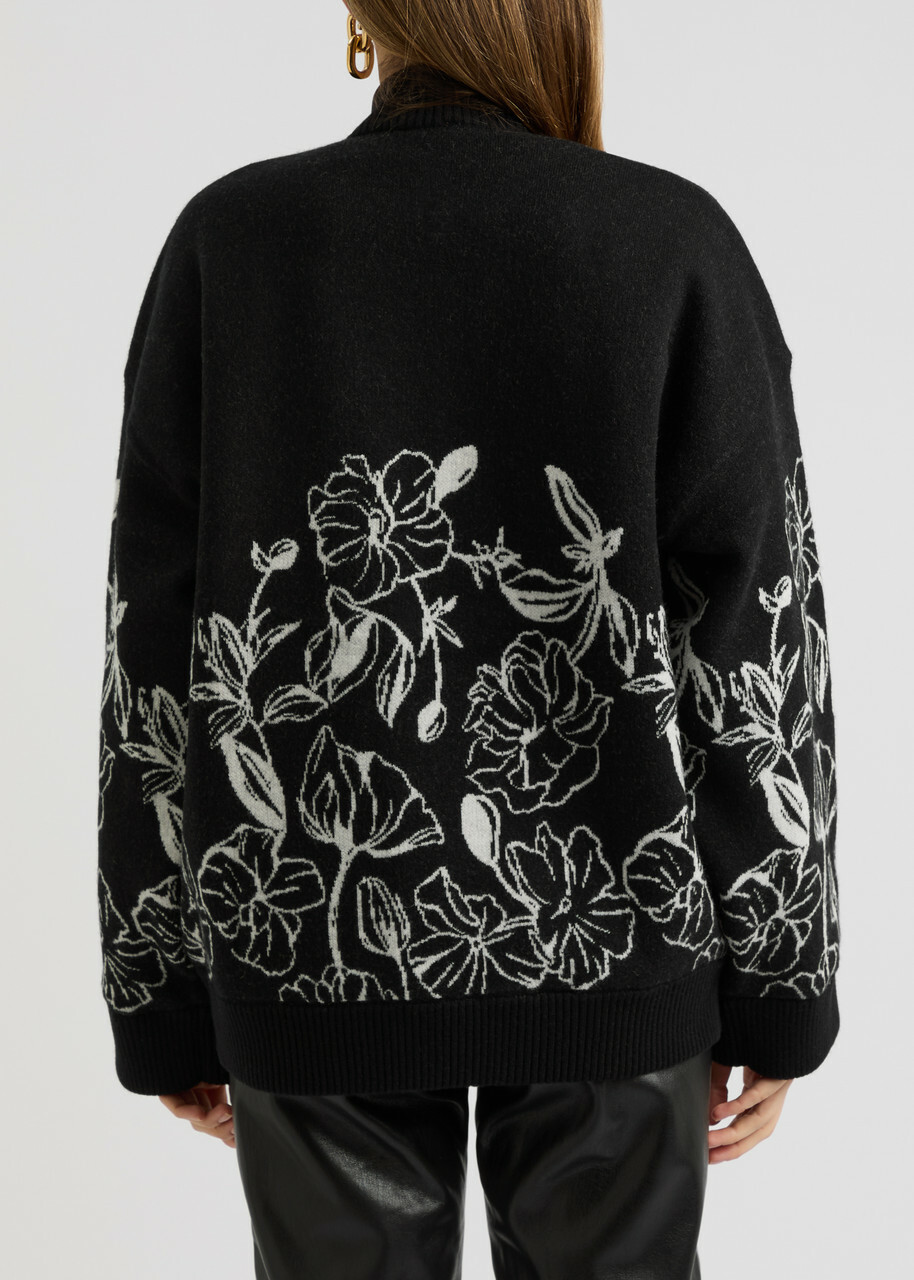 Stine Goya Floral-intarsia Wool-blend Cardigan Black And White