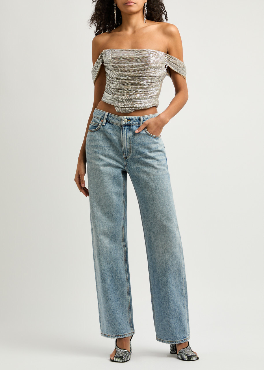 Giuseppe DI Morabito Off-the-shoulder Crystal-embellished Mesh top Metallic Bronze