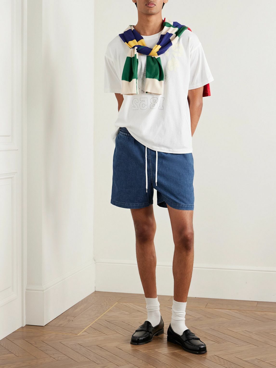 Drake's - Slim-Fit Straight-Leg Stone-Washed Denim Drawstring Shorts - Blue