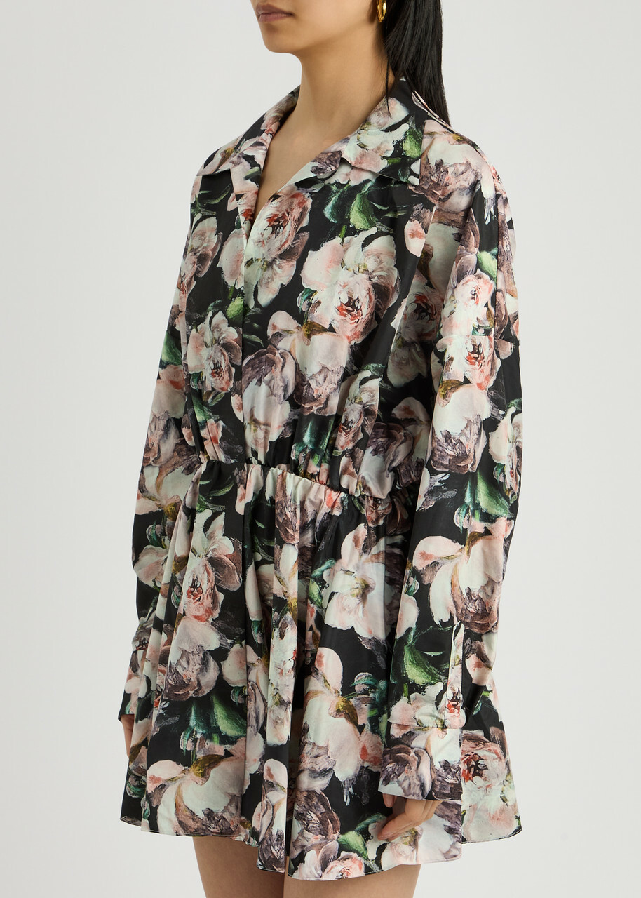 Norma Kamali Belted Floral-print Shell Mini Dress Pink