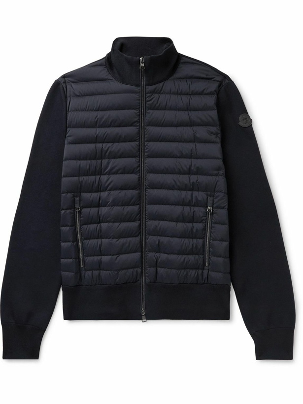 Photo: Moncler - Logo-Appliquéd Quilted Shell and Cotton-Blend Zip-Up Cardigan - Blue