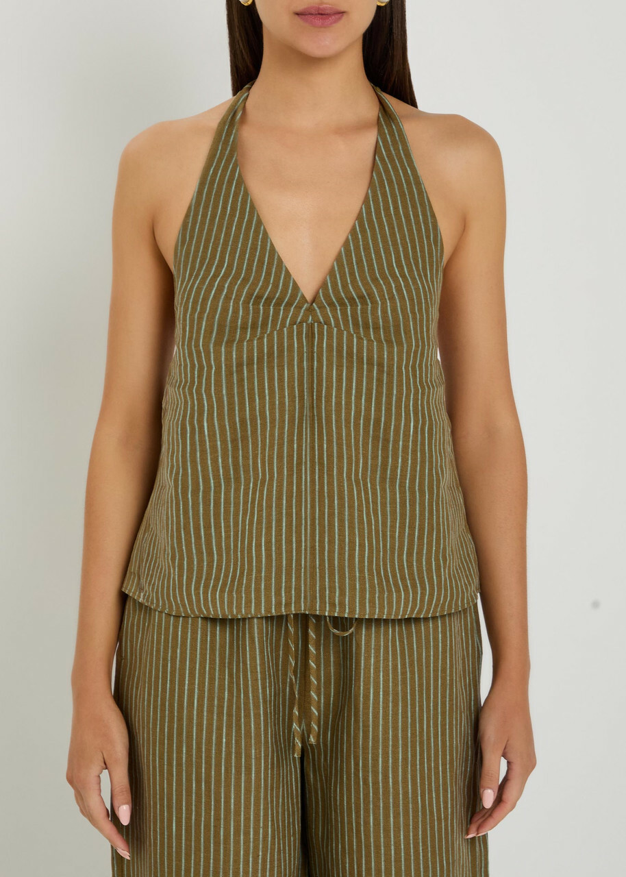 Staud Corso Striped Linen top Green
