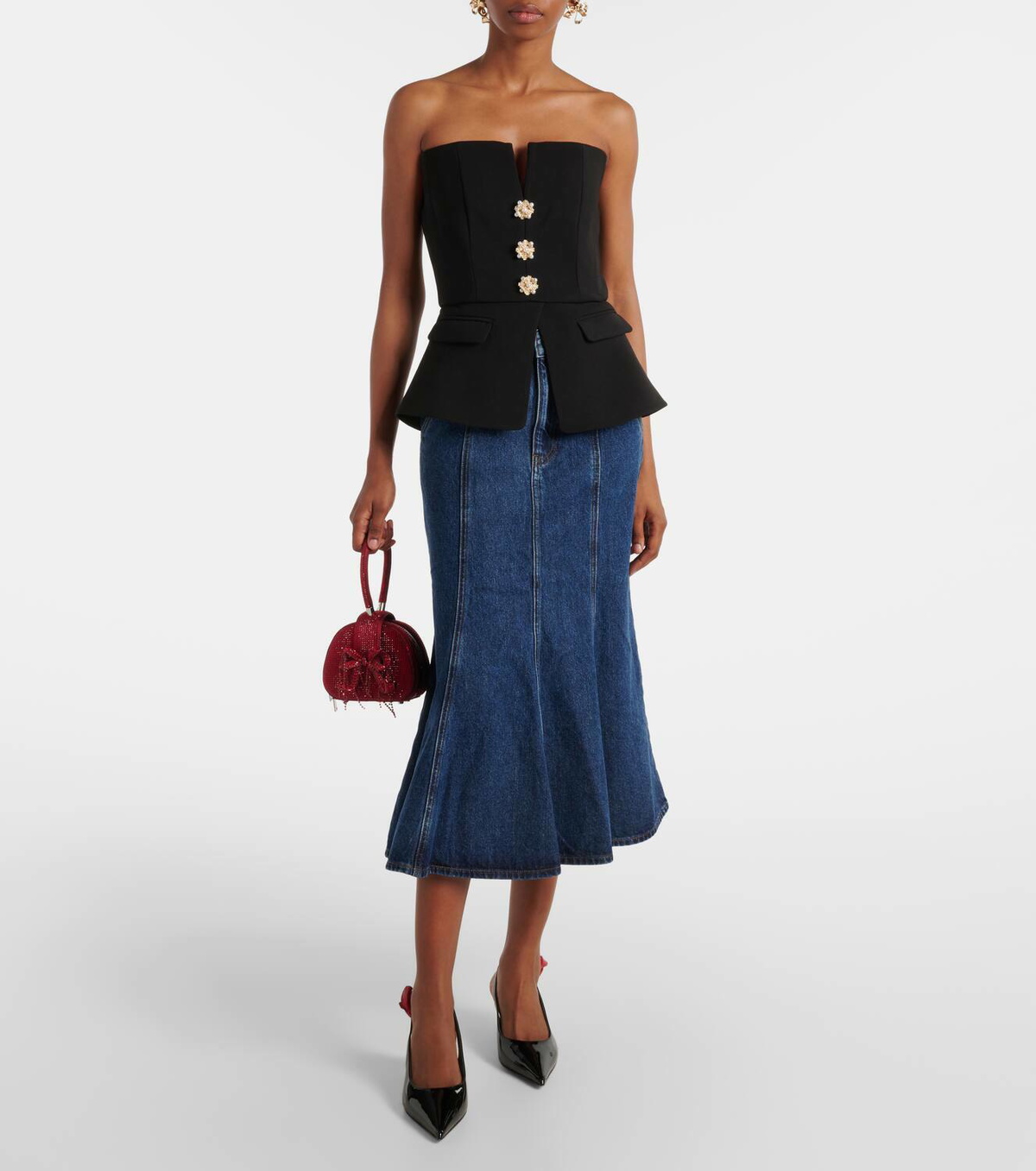 Self-Portrait Flared denim midi skirt Self-Portrait
