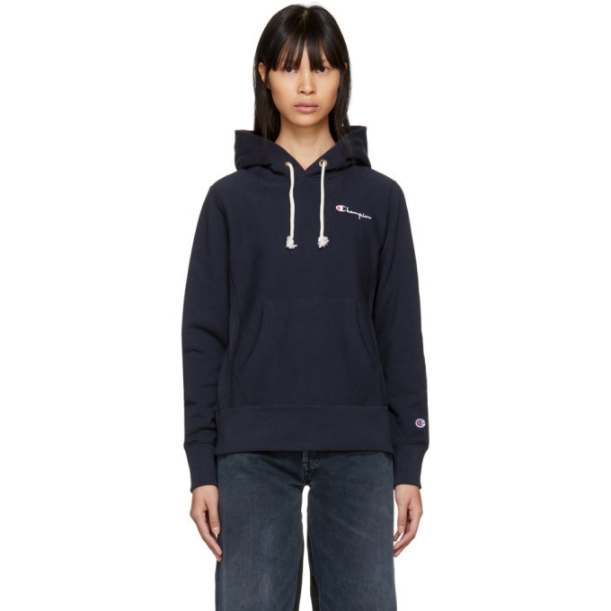 Photo: Champion Reverse Weave Navy Small Logo Warm-Up Hoodie