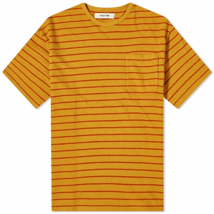 Photo: Kestin Men's Fly Pocket T-Shirt in Ochre/Tangerine Stripe