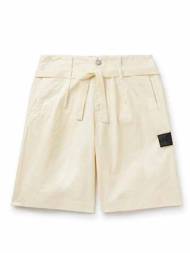 Photo: Stone Island Shadow Project - Straight-Leg Belted Cotton-Blend Seersucker Shorts - Yellow