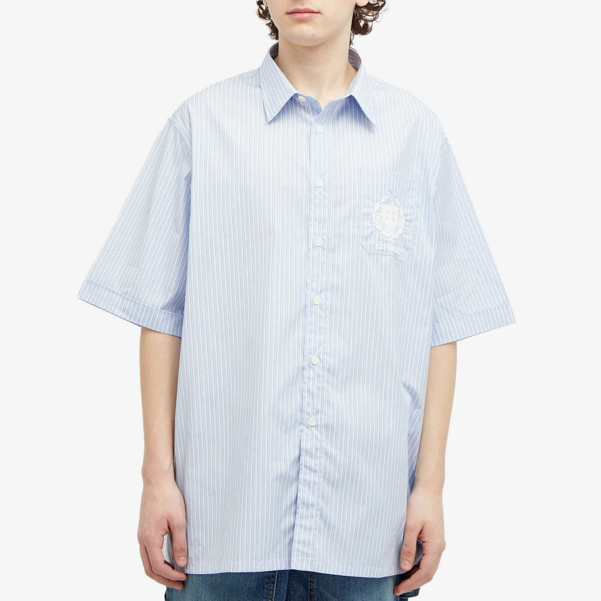 Givenchy Men's Crest Logo Stripe Short Sleeve Shirt in Light Blue