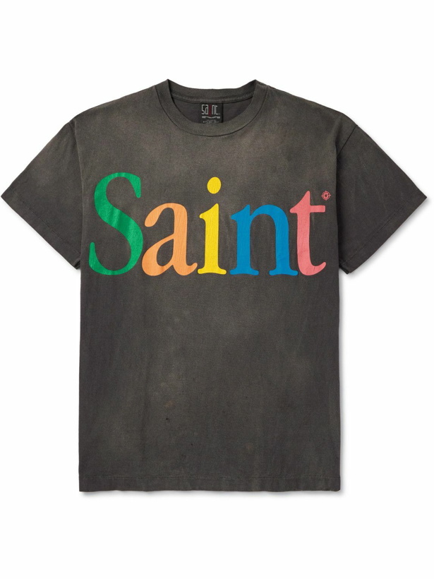 Photo: SAINT Mxxxxxx - Rainbow Logo-Print Distressed Cotton-Jersey T-Shirt - Gray