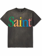 SAINT Mxxxxxx - Rainbow Logo-Print Distressed Cotton-Jersey T-Shirt - Gray