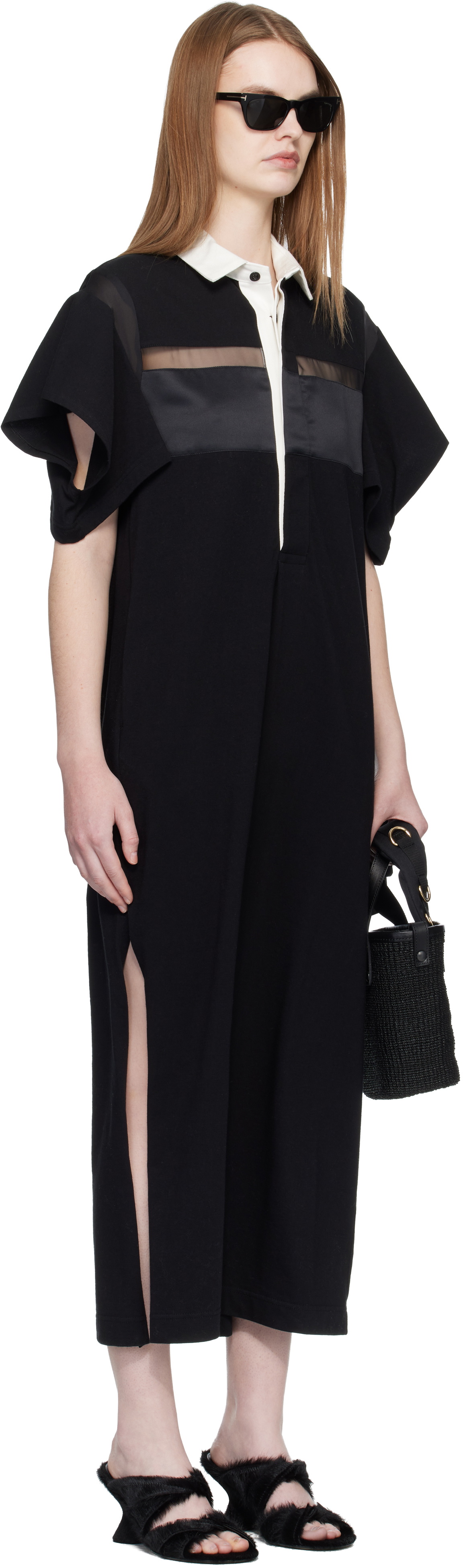 sacai Black Cotton Jersey Midi Dress