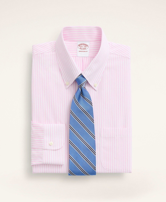 Photo: Brooks Brothers Men's Stretch Madison Relaxed-Fit Dress Shirt, Non-Iron Poplin Button-Down Collar Pencil Stripe | Pink