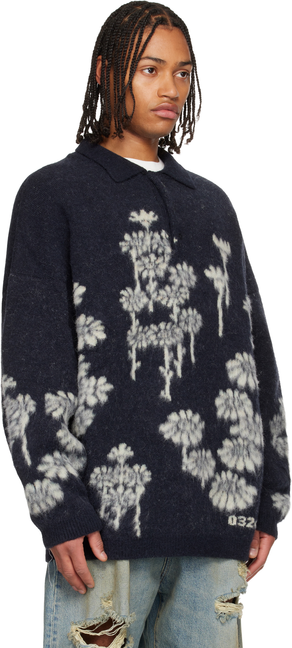 032c Navy Melting Daisies Knit LS Polo
