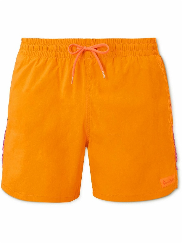 Photo: Cotopaxi - Brinco Straight-Leg Mid-Length Recycled Swim Shorts - Orange