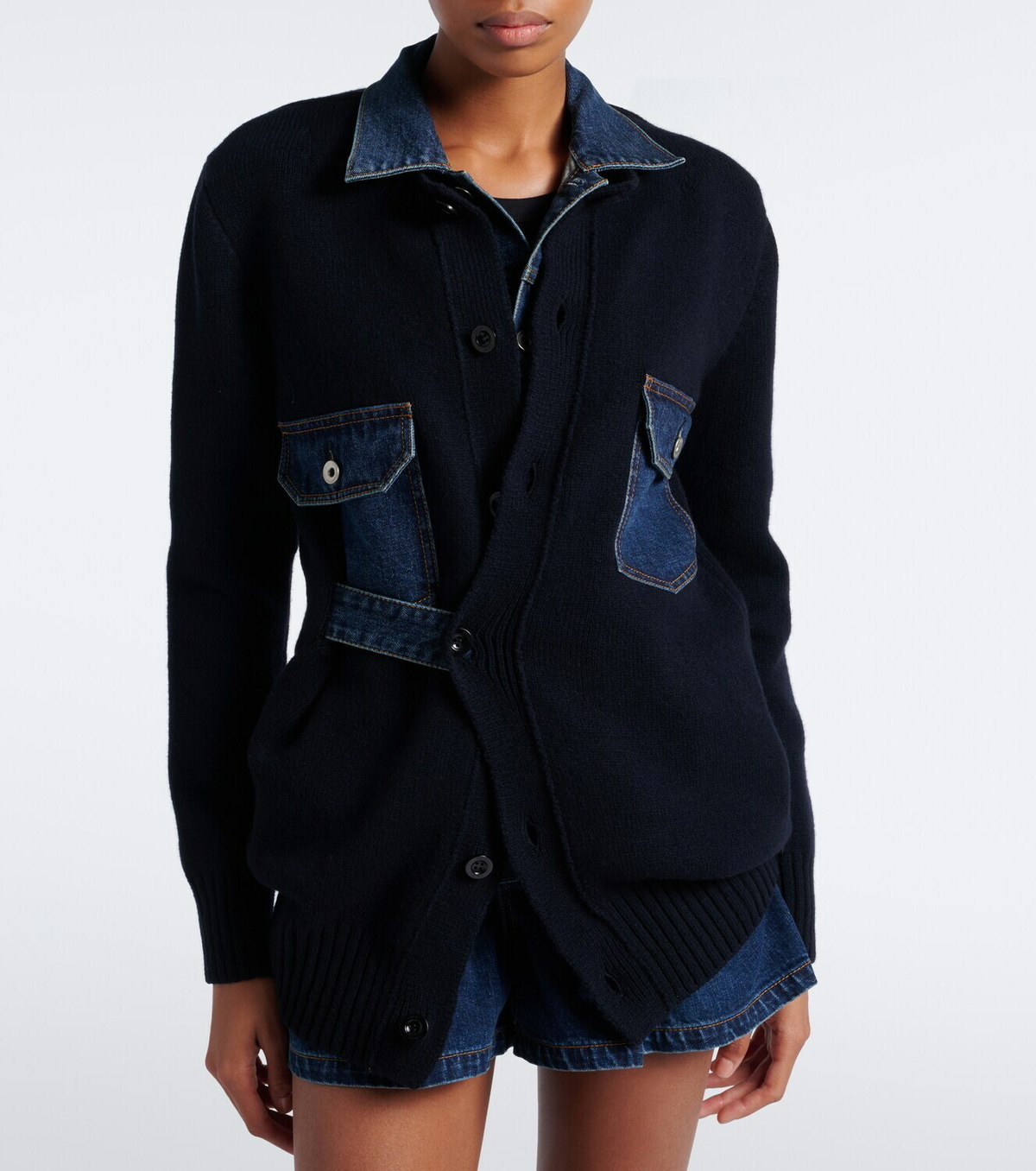 Sacai Layered wool-blend and denim cardigan