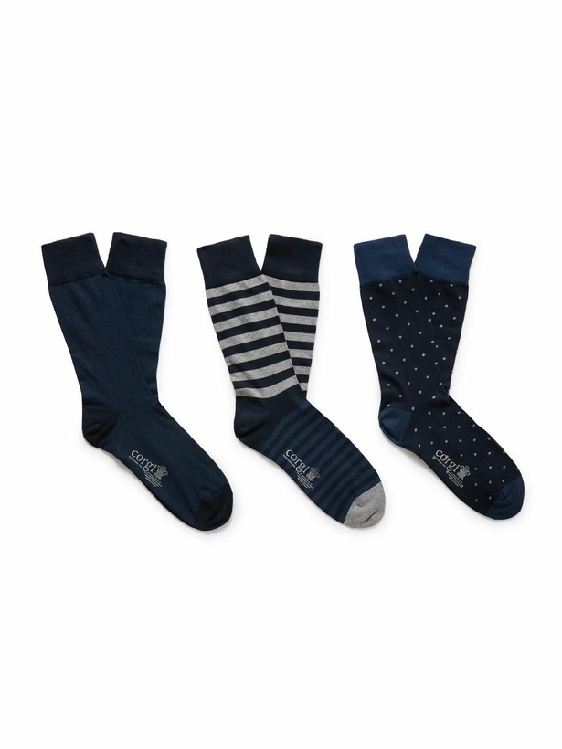 Photo: Kingsman - Corgi Three-Pack Jacquard-Knit Cashmere Socks - Blue