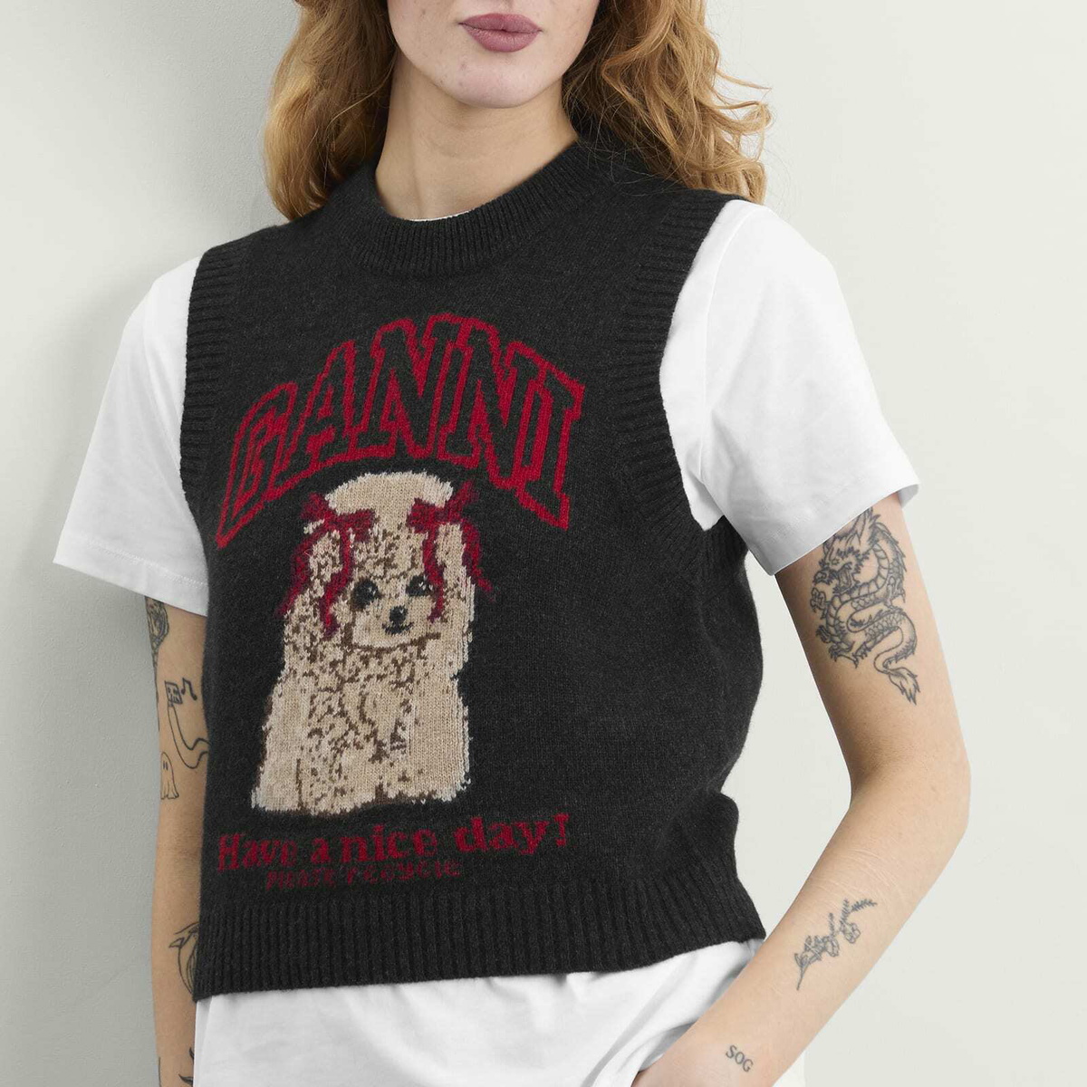 GANNI Women's Graphic Wool Vest in Black Sand