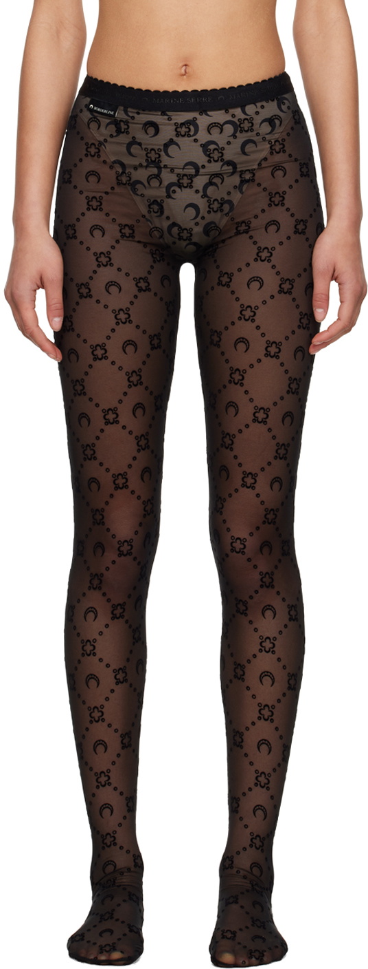 Moonogram-Flocked Mesh Tights Navy