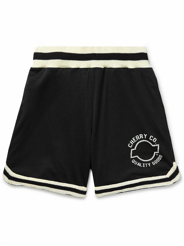 Photo: CHERRY LA - Wide-Leg Logo-Print Stretch-Knit and Mesh Shorts - Black