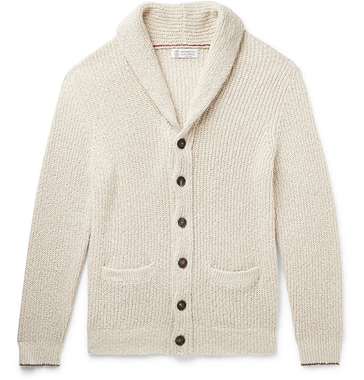 Photo: Brunello Cucinelli - Shawl-Collar Contrast-Tipped Ribbed Cotton and Linen-Blend Cardigan - Neutrals