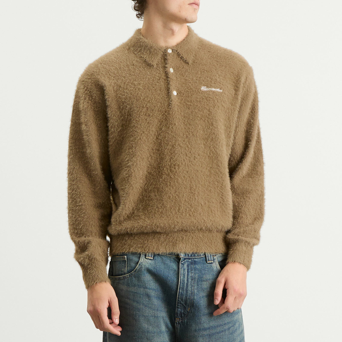 thisisneverthat Men's SCT-Logo Shaggy Knit Polo in Mud
