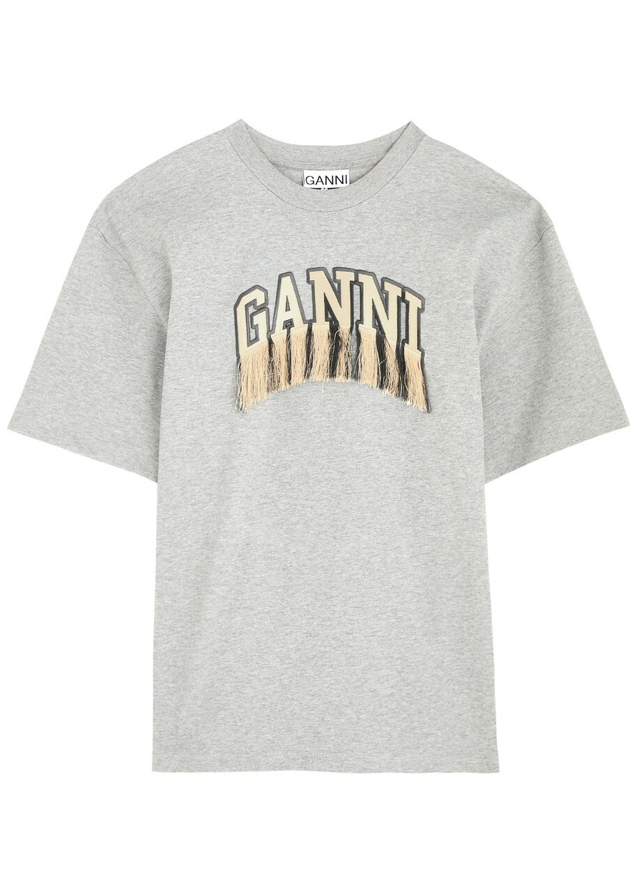 Ganni Logo Fringed Cotton T-shirt Grey GANNI