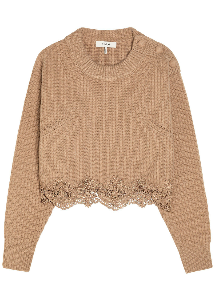 Chloe Lace-trim Wool and Cashmere-blend Jumper Brown