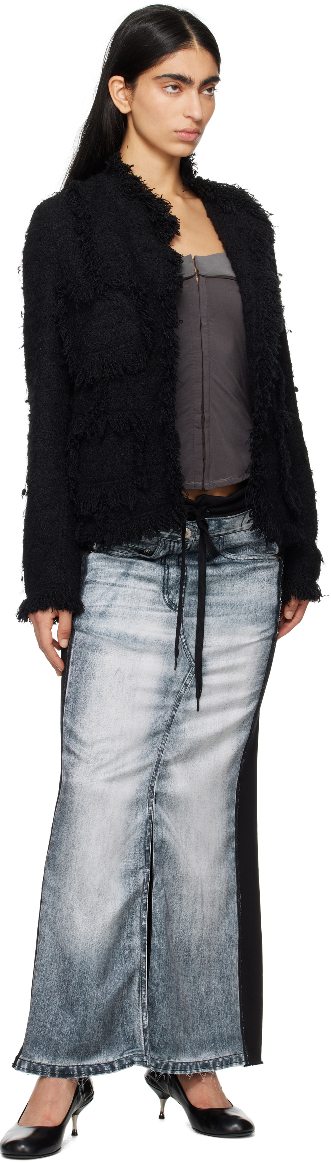OPEN YY Black & Blue Front Jean Effect Jersey Maxi Skirt