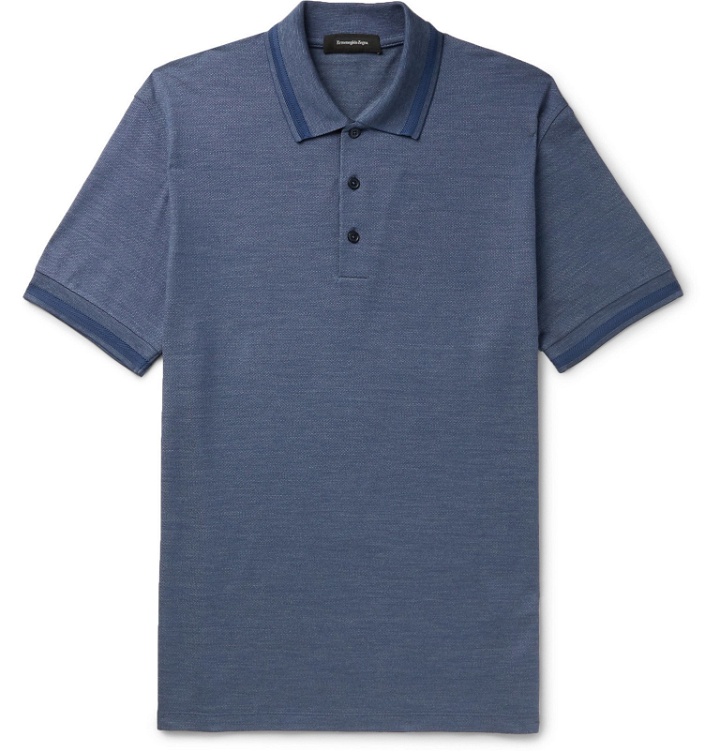 Photo: Ermenegildo Zegna - Contrast-Tipped Cotton and Silk-Blend Polo Shirt - Blue