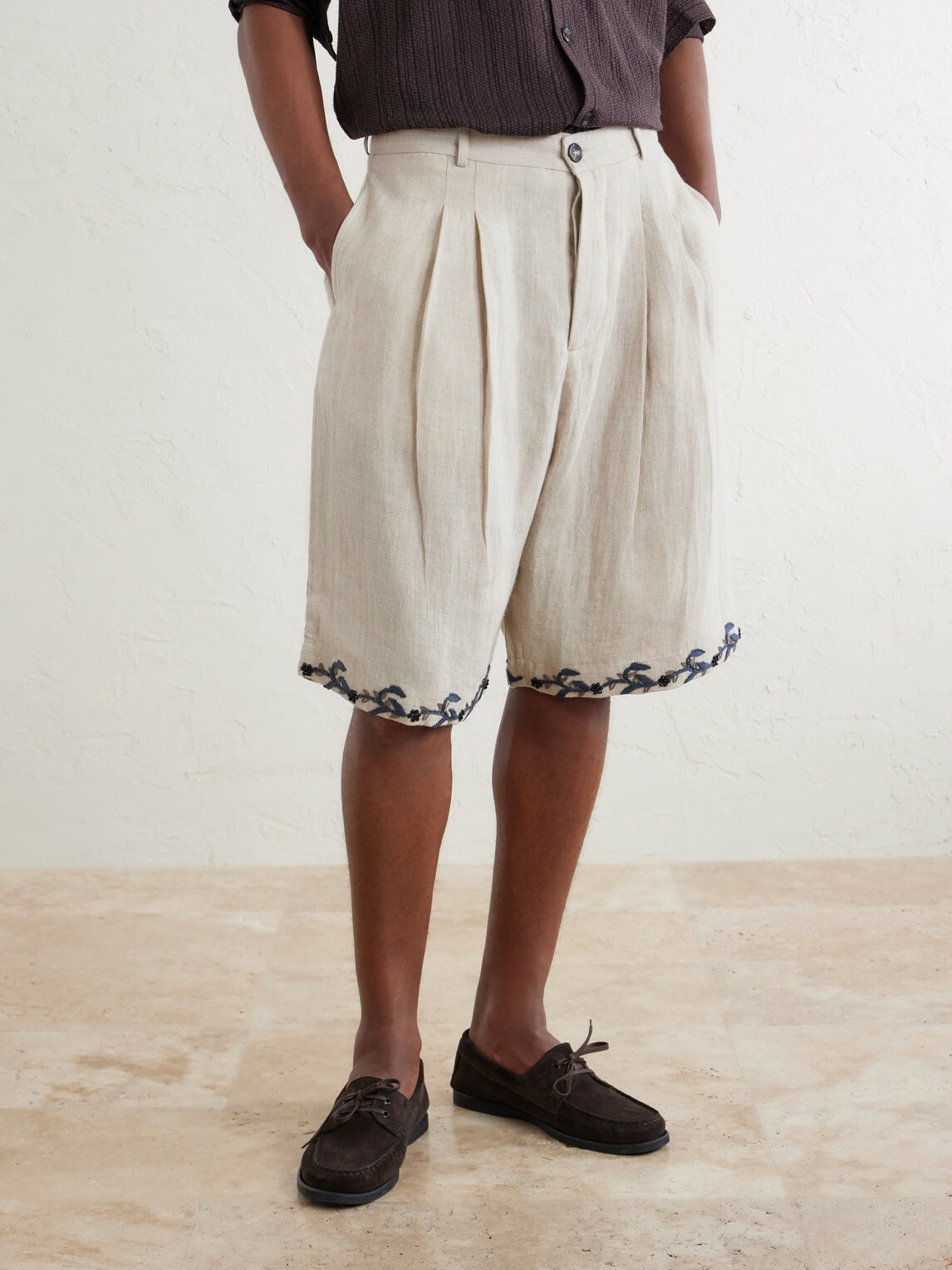 Kartik Research - Straight-Leg Pleated Embroidered Linen Shorts - Neutrals