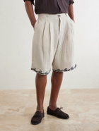 Kartik Research - Straight-Leg Pleated Embroidered Linen Shorts - Neutrals