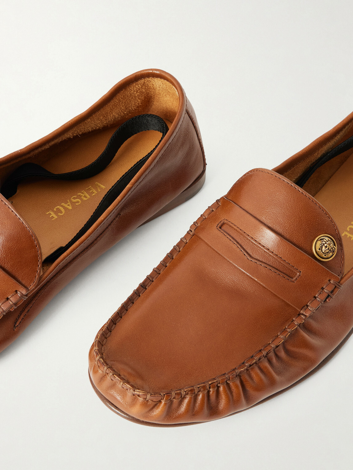 Versace - Logo-Embellished Leather Penny Loafers - Brown