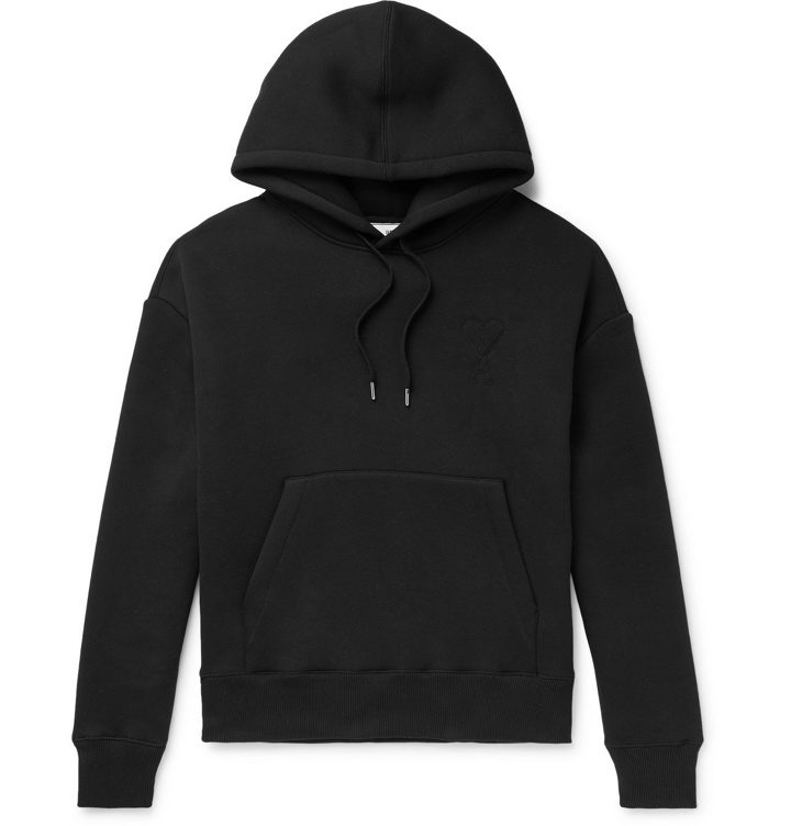 Photo: AMI - Logo-Embroidered Cotton-Blend Jersey Hoodie - Black