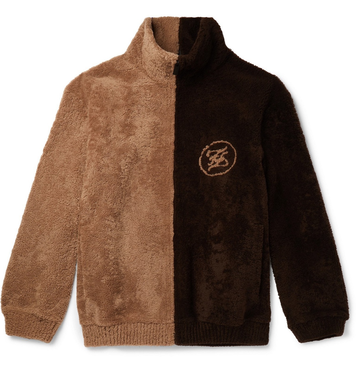 Photo: Fendi - Logo-Intarsia Colour-Block Shearling Jacket - Brown