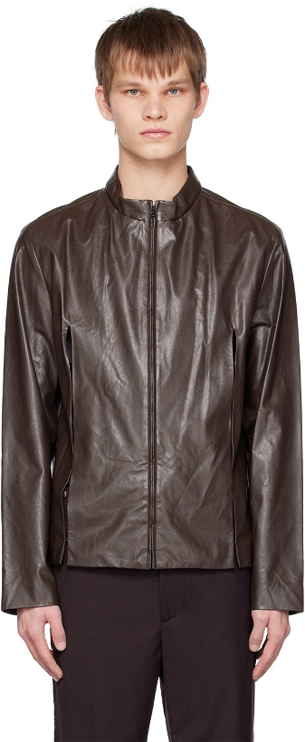 Photo: TheOpen Product SSENSE Exclusive Brown Slit Faux-Leather Jacket