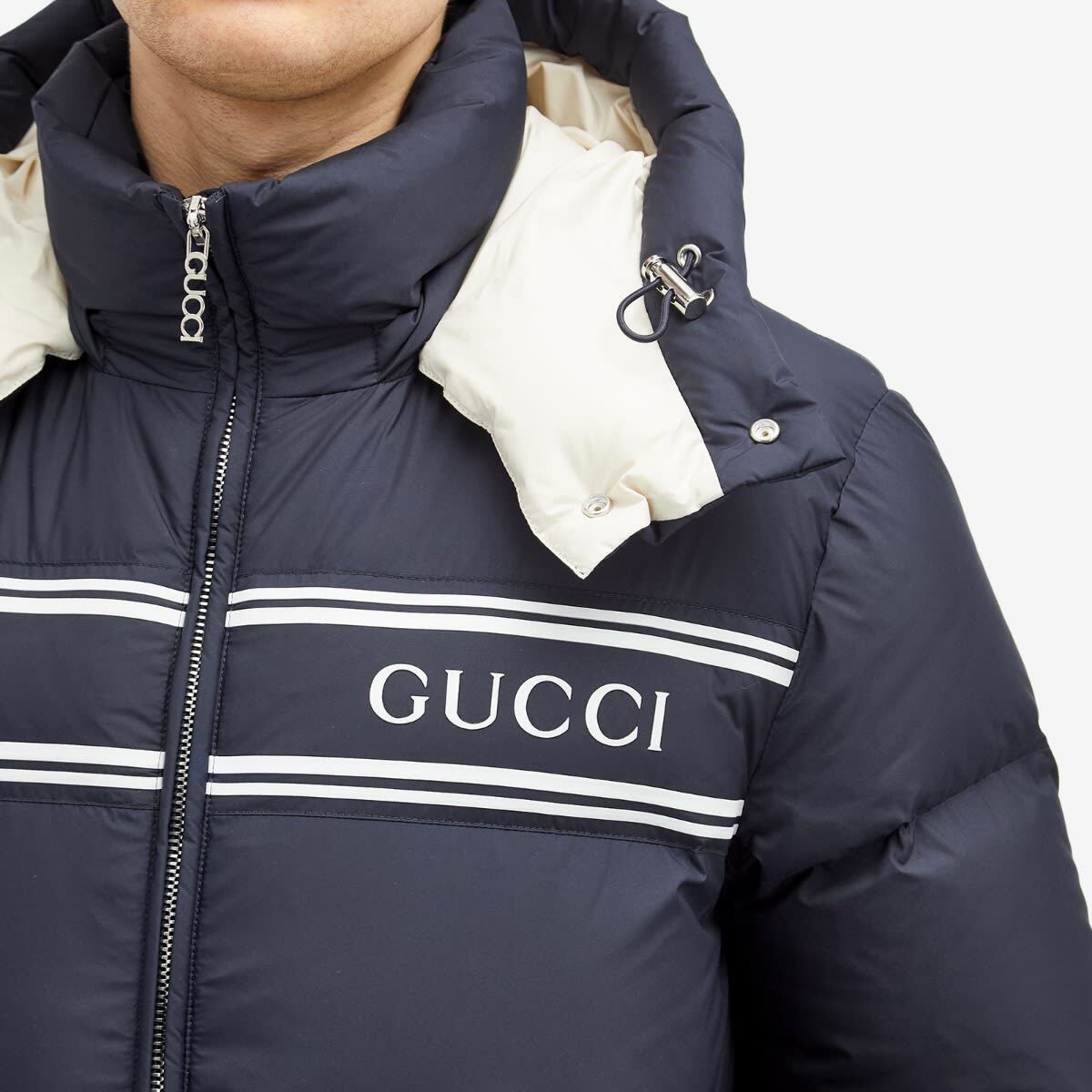 Gucci Men's Logo Hooded Down Jacket in Navy