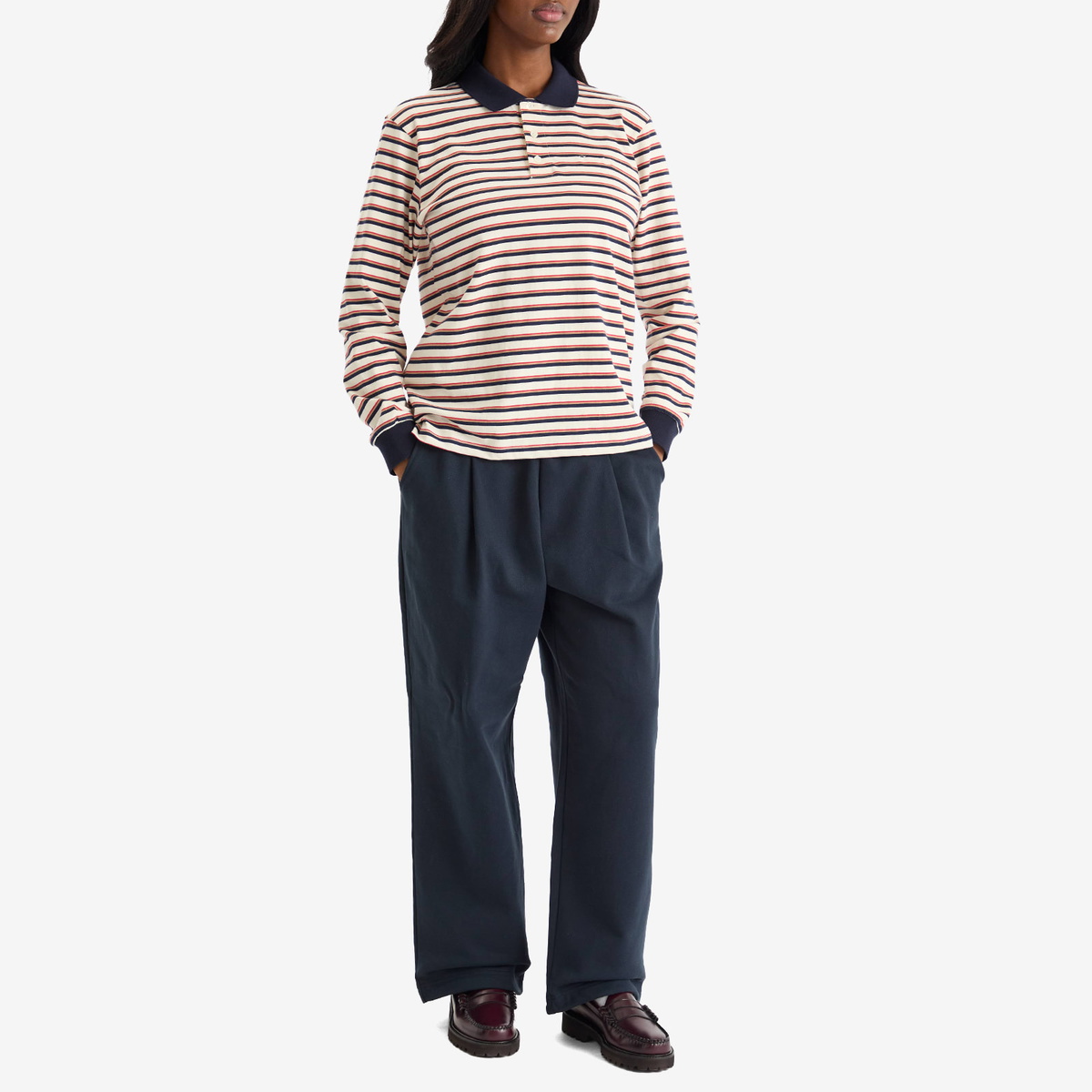DUNST Women's Unisex Leather Logo Wide Sweat Pants in French Navy