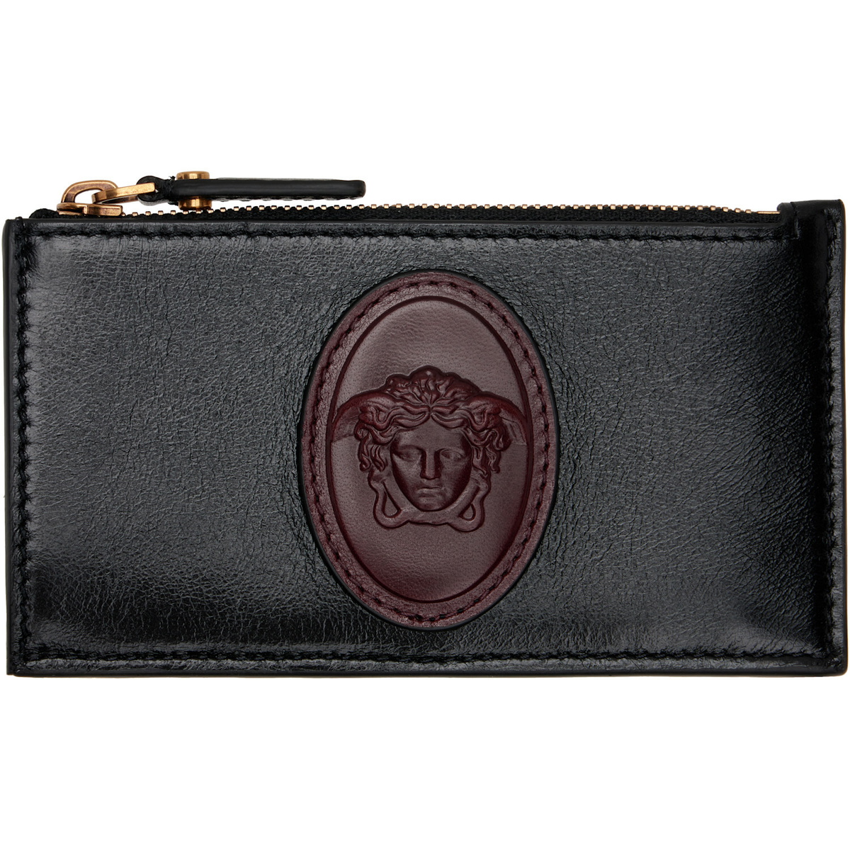 Versace Black & Brown Roomy Leather Zip Card Holder