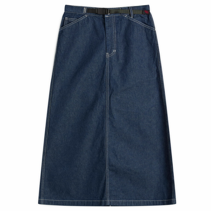 Photo: Gramicci Women's Denim Midi Skirt in Rinsed Indigo