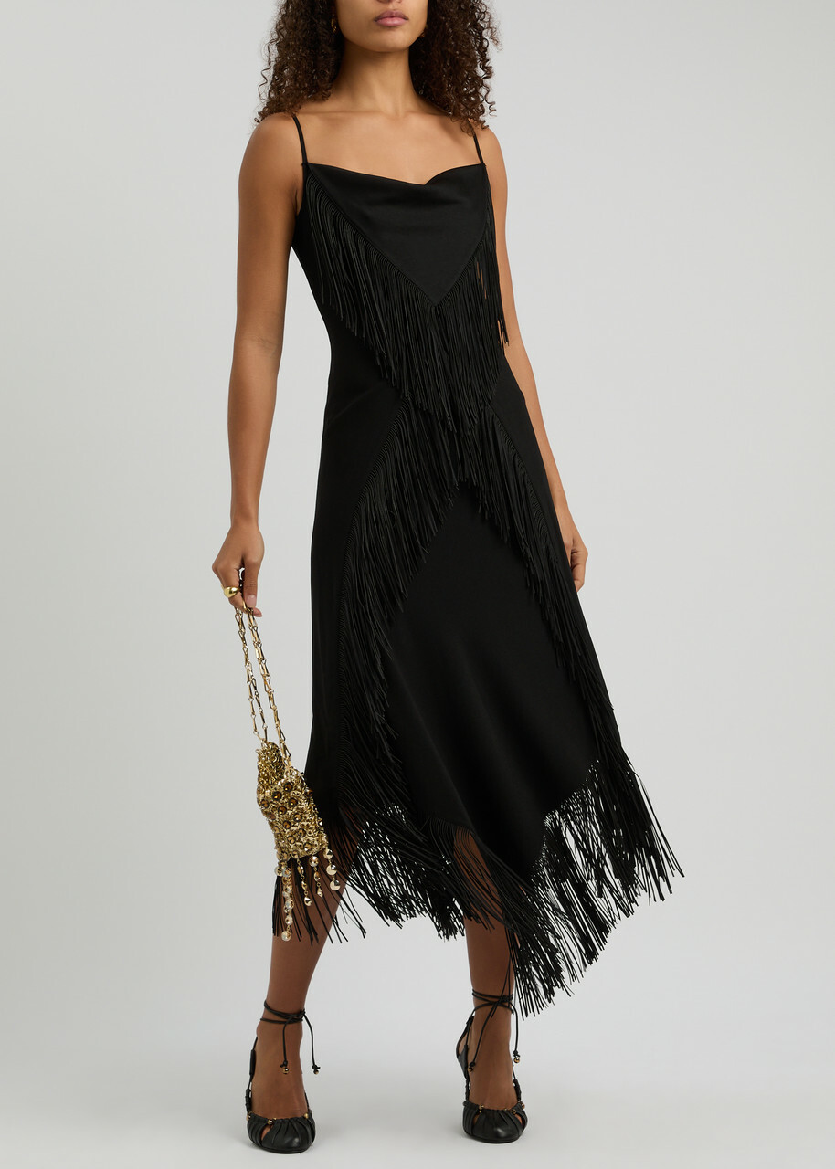 Rabanne Fringe-trimmed Crepe Midi Dress Black Paco Rabanne