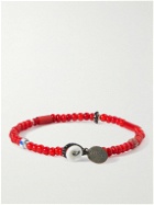 Mikia - White Hearts Silver, Puka Shell and Cord Beaded Bracelet - Red