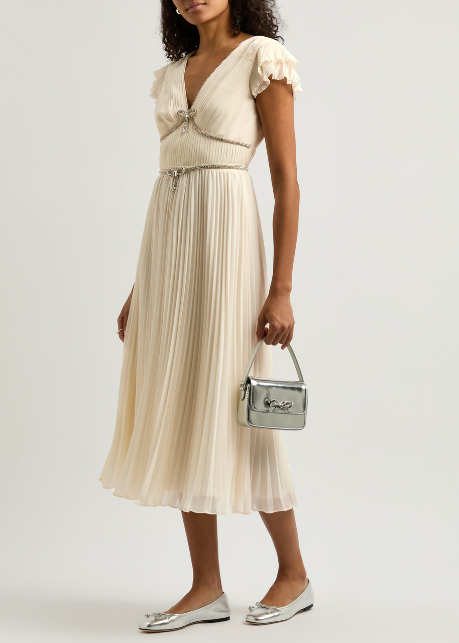 Self-portrait Crystal-embellished Pleated Chiffon Midi Dress Cream  Self-Portrait