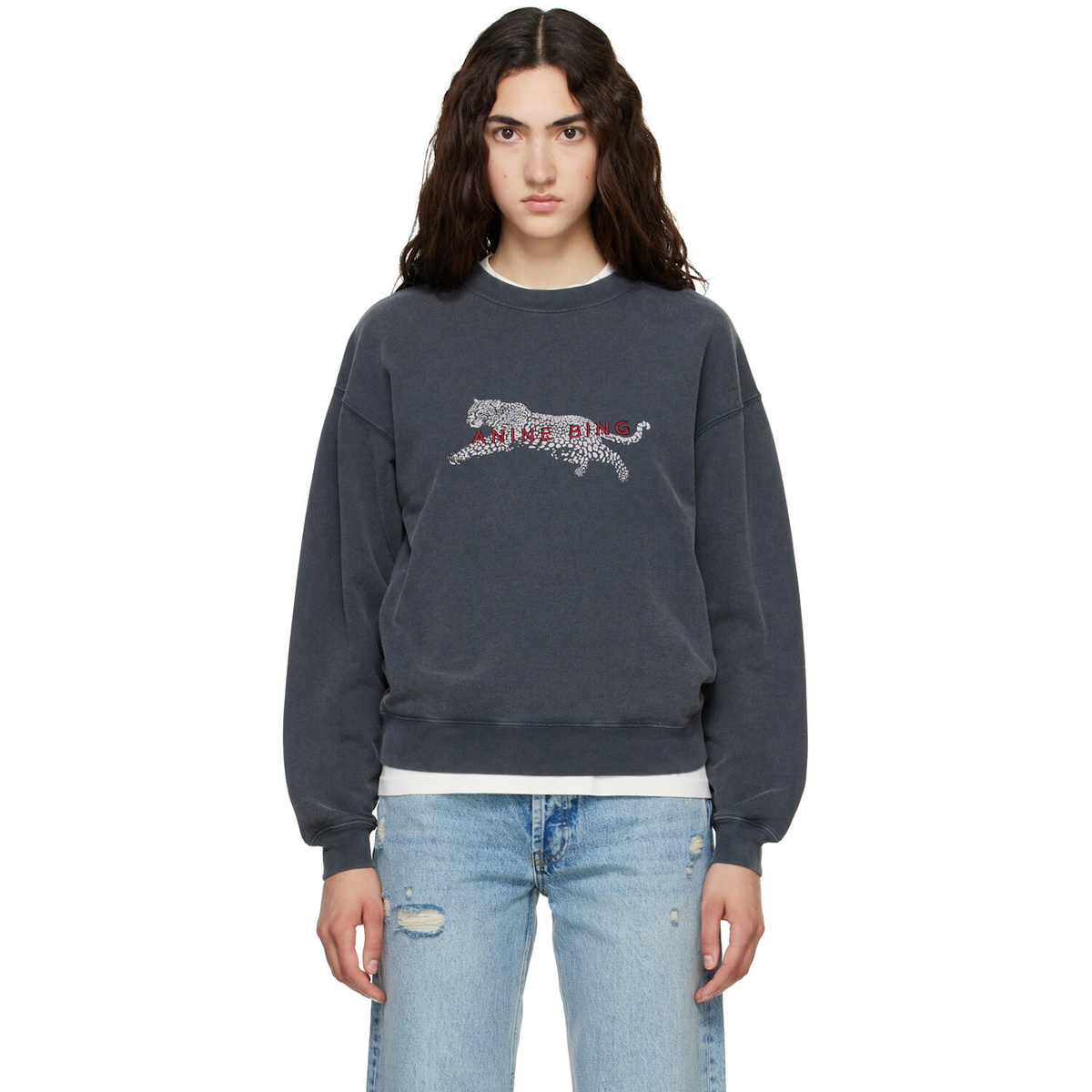 ANINE BING Gray Spencer Leopard Sweatshirt