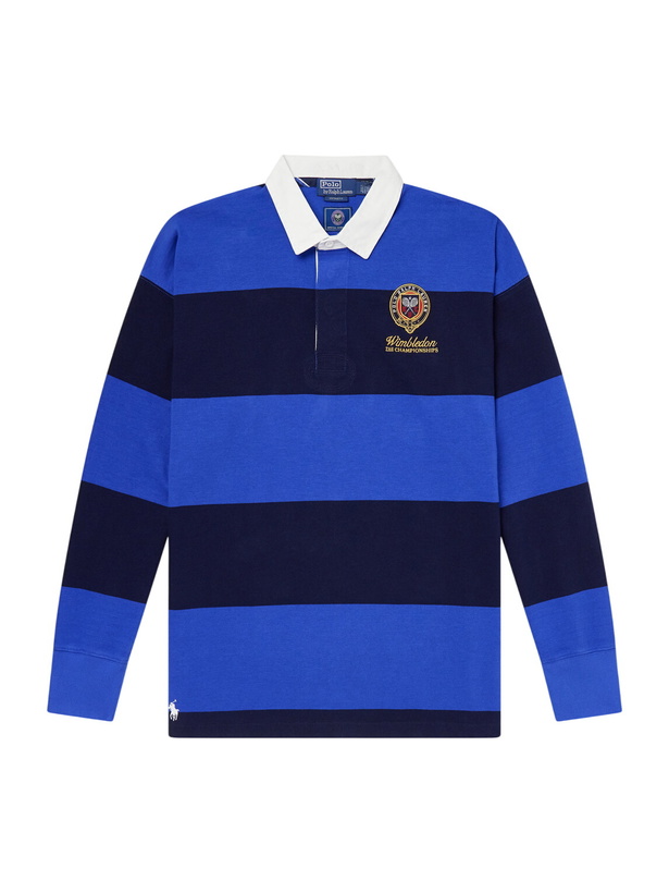 Photo: Polo Ralph Lauren - Wimbledon Logo-Embroidered Striped Cotton Rugby Polo-Shirt - Blue
