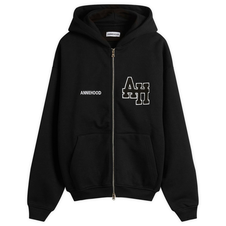 Photo: ANNIE HOOD Men's College Zip Hoodie in Black/Black