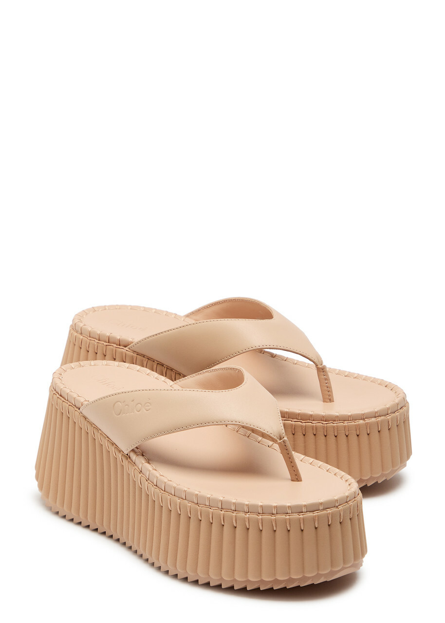 Chloe Nama 80 Thong Leather Wedge Sandals Cream