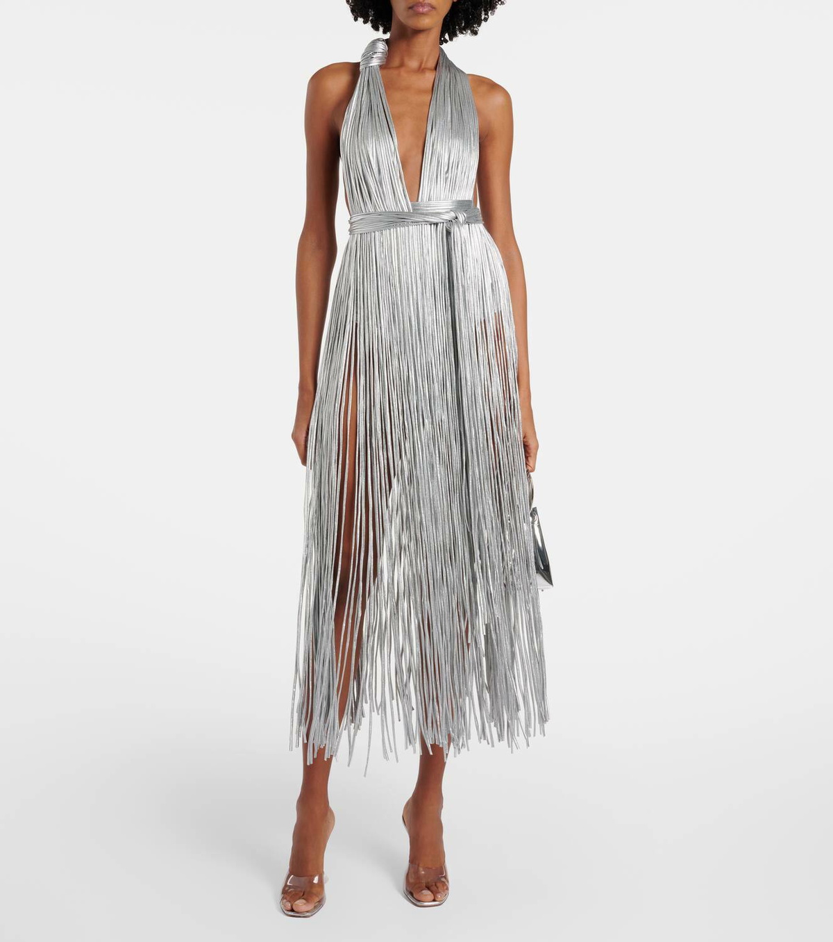 Area Fringed metallic-effect jersey gown